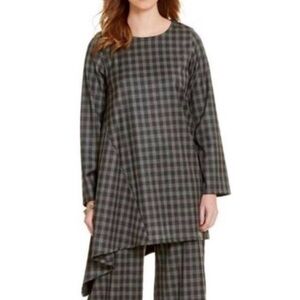 Bryn Walker sway Plaid Lagenlook Tunic black grey asymmetrical made in USA Med